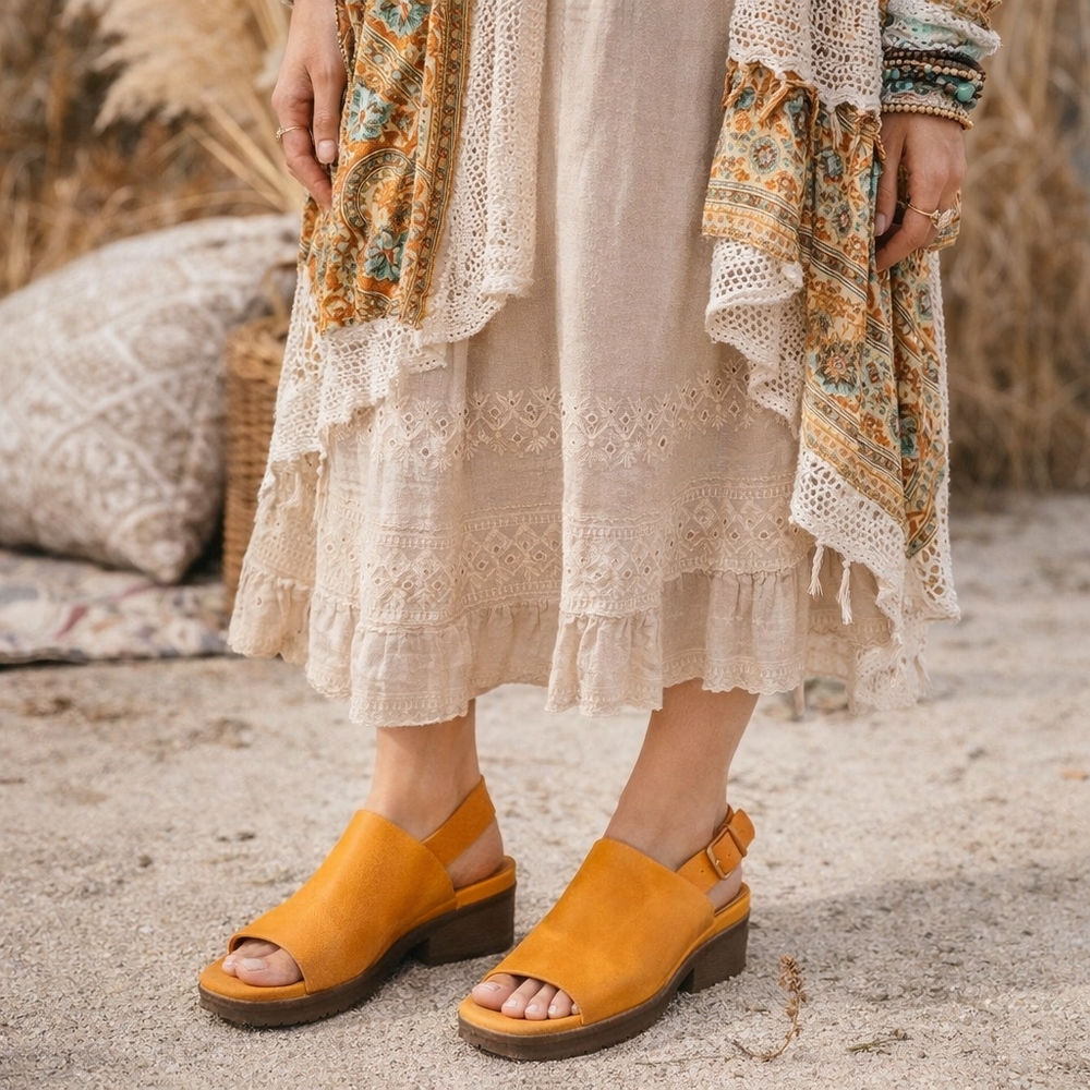 El Naturalista Mustard Leather Slingback Platform Comfort Sandals Boho